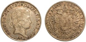 MILANO. Ferdinando I d'Asburgo Lorena (1835-1848) - Da 20 kreuzer 1843. Testa laureata a d. R/ Aquila bicipite coronata e caricata dello stemma austri...