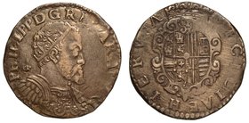 NAPOLI.
 Filippo II (1554-1598) - Mezzo ducato 1575 (scarsamente leggibile). Busto radiato a d. Dietro, sigla GR; sotto (illeggibile) sigla VP. R/ St...