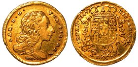 NAPOLI.
Carlo di Borbone (1734-1759).
Da 2 ducati 1749.
Busto a d.; sotto, sigla D.e G.
R/ Stemma coronato; ai lati, sigle M - M.
 P. e R. 15.
M...