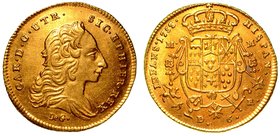 NAPOLI.
Carlo di Borbone (1734-1759).
Da 6 ducati 1753.
 Busto drappeggiato a d.; sotto, DeG (Giovanni Casimiro De Gennaro, incisore). R/ Stemma co...