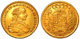 NAPOLI.
Ferdinando IV Borbone (I periodo: 1759-1799).
Da 6 ducati 1761.
 Busto del re a d.; sotto, la sigla IA in monogramma. R/ Stemma coronato, a...