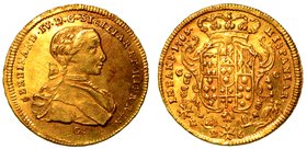 NAPOLI.
Ferdinando IV Borbone (I periodo: 1759-1799).
Da 6 ducati 1765.
 Busto del re a d.; sotto, la sigla G.
 R/ Stemma coronato, ai lati sigle ...