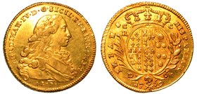 NAPOLI.
 Ferdinando IV Borbone (I periodo: 1759-1799).
Da 6 ducati 1769.
 Busto del re a d.; sotto, la sigla BP. R/ Stemma ovale coronato; ai lati,...