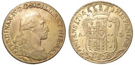 NAPOLI.
Ferdinando IV Borbone (I periodo: 1759-1799).
Piastra da 120 grana 1794. Busto a d. R/ Grande stemma coronato; ai lati, M/A - P.
P. e R., 5...