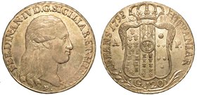 NAPOLI.
Ferdinando IV di Borbone (1759-1799) -
Piastra da 120 grana 1798. Busto a d. R/ Stemma coronato, tra lettere A – P. PR. 63.
 MIR. 373/2.
g...