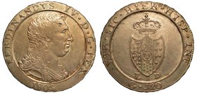 NAPOLI. Ferdinando IV di Borbone (1799-1805) -
Piastra da 120 grana 1805. Busto a testa nuda (capelli ricci) a d. R/ Stemma coronato, ai lati L-D. Pa...