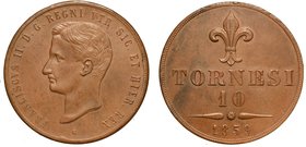 NAPOLI.
 Francesco II di Borbone (1859-1860) - Da 10 tornesi 1859. Testa nuda a s. R/ Valora sormontato da giglio. Pag. 483.
 Gig. 4a.
g. 31,98
ra...