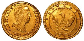 PALERMO. Carlo III (1734-1759) - Oncia 1734. Busto a testa nuda a d. R/ Fenice sul rogo. Gig. 8.
g. 4,41
Consueti graffi di conio.
 oro
q.SPL