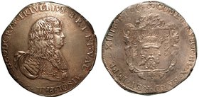 RETEGNO. Antonio Teodoro Trivulzio (1676-1678) - Filippo doppio 1676. Busto corazzato a d. R/ Stemma dei Trivulzio, ornato da due cariatidi ai lati e ...