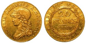 TORINO. Repubblica Subalpina (1800-1802) - 20 franchi/X. (A' Marengo). Busto muliebre a s. R/ Valore in corona di lauro.
Gig. 2A
 Raro
g. 6,44
Lie...