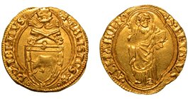 CALLISTO III (1455–1458) - Ducato papale.
Stemma sormontato da triregno e chiavi decussate, entro cornice quadrilobata.
 R/
S. Pietro, nimbato, sta...