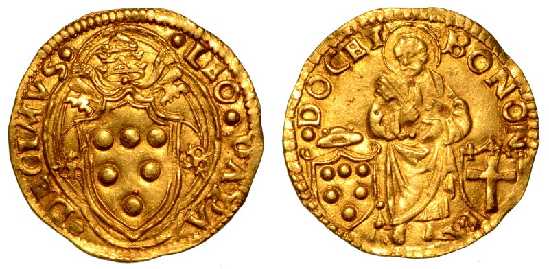 LEONE X (1513-1521). BOLOGNA.
Ducato. Stemma sormontato da chiavi decussate e t...
