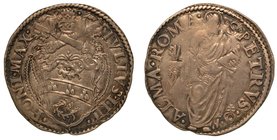 GIULIO III (1550-1555) - Giulio s.d.. Stemma sormontato da chiavi decussate e tiara. R/ S. Pietro stante, in basso a d. armetta Ceuli. CNI. 122. Munt....