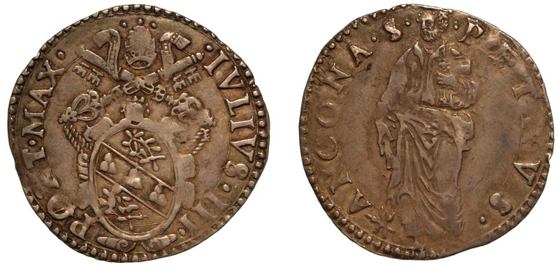 GIULIO III (1550-1555). ANCONA. Giulio. Stemma sormontato da chiavi decussate e ...