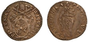 GIULIO III (1550-1555). ANCONA. Giulio. Stemma sormontato da chiavi decussate e tiara. R/ S. Pietro stante. CNI. 16.
Munt. 55.
 g. 3,21
 arg
 q.BB