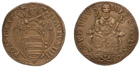 PAOLO IV (1555-1559). ANCONA. Testone s.d.. Stemma sormontato da chiavi decussate e tiara. R/ S. Pietro in trono. CNI. 37. Munt. 37.
g. 9,63
arg
 B...