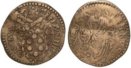 PIO IV (1559-1565). ANCONA.
Giulio. Stemma sormontato da chiavi decussate e tiara. R/ S. Pietro stante. CNI. 31. Munt. 57.
g. 2,84
 Tondello ondula...