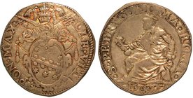 CLEMENTE VIII (1592-1605) - Testone 1592.
Stemma sormontato da chiavi decussate e tiara. R/ S. Pietro seduto a s. Munt. 32.
g. 9,54
Leggere iridesc...