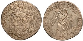 PAOLO V (1605-1621) - Testone A. VI. Stemma sormontato da chiavi decussate e tiara. R/ S. Paolo stante, con libro e piccola spada puntata a terra. Mun...