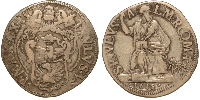 PAOLO V (1605-1621) - Testone 1615 A. XI
Stemma sormontato da chiavi decussate ...