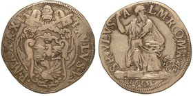 PAOLO V (1605-1621) - Testone 1615 A. XI
Stemma sormontato da chiavi decussate e tiara. R/ S. Paolo seduto tiene la mano d. alzata. Munt. 69/E.
 g.9...