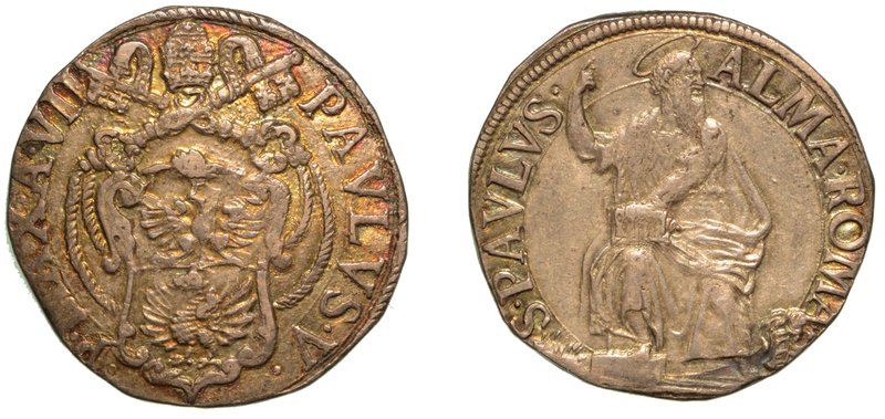 PAOLO V (1605-1621) -
Testone A. VII (data ill.). Stemma sormontato da chiavi d...
