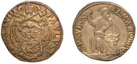 PAOLO V (1605-1621) -
Testone A. VII (data ill.). Stemma sormontato da chiavi decussate e tiara. R/ S. Paolo seduto tiene la mano d. alzata. Munt. ti...