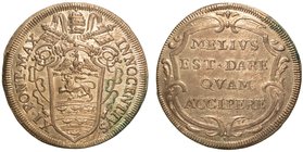 INNOCENZO XI (1676-1689) - Testone 1686 A. X. Stemma sormontato da chiavi decussate e tiara. R/ MELIVS EST DARE QVAM ACCIPERE. Munt. 105.
 g. 9,17
 ...