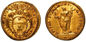 CLEMENTE XI (1700-1721) – Scudo d’oro A.XVIII.
Stemma sormontato da chiavi decussate e tiara. R/ La fede stante a s. con lunga croce e calice. Munt. ...