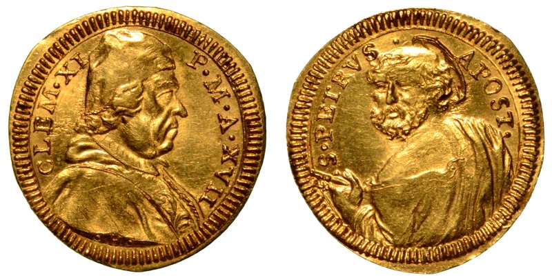 CLEMENTE XI (1700-1721) – Mezzo scudo d'oro A. XVII. Busto con camauro a d. R/ M...