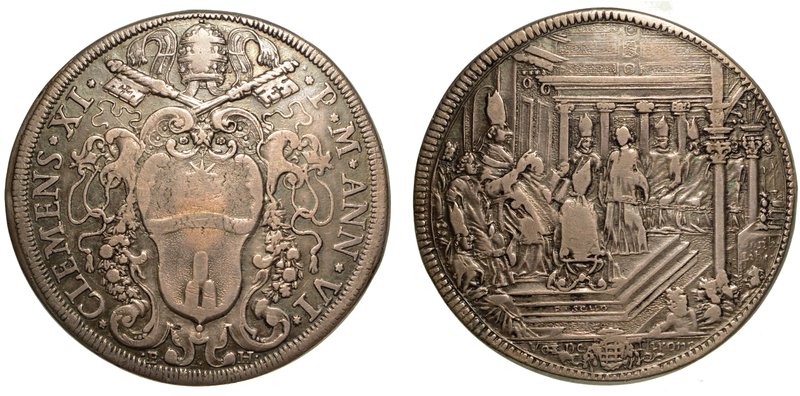 CLEMENTE XI (1700-1721) – Piastra A. VI. Stemma sormontato da chiavi decussate e...
