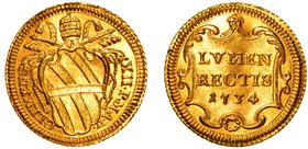 CLEMENTE XII (1730-1740) -
Scudo d'oro 1734 a. V. Stemma sormontato da triregno e chiavi decussate. Rv. LVMEN RECTIS 1734 in cornice. Munt.13
 Raro...