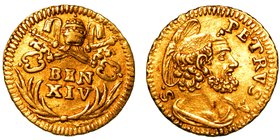 BENEDETTO XIV (1740-1758) – Quarto di zecchino s.d.
BEN XIV in due righe, sormontato da chiavi decussate e tiara. R/ Busto di S. pietro a d. Munt.41....