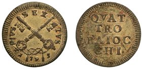 PIO VI (1775-1799) -
Da 4 baiocchi 1793.
Chiavi decussate sormontate da tiara. R/ Valore in quattro righe. Munt. 91.
 g. 2,54
 mist
BB