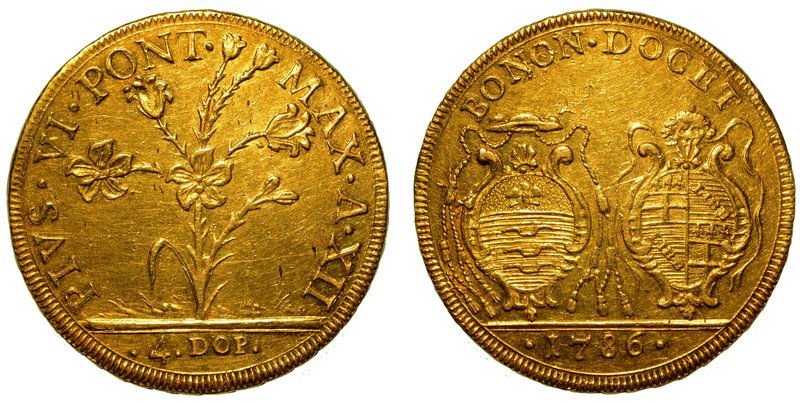 PIO VI (1775-1799). BOLOGNA. Da 4 doppie 1786/XII. Pianta di giglio. R/ Stemmi a...