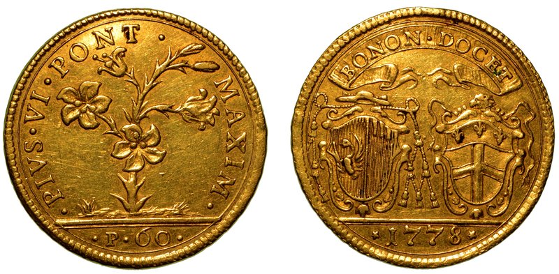 PIO VI (1775-1799). BOLOGNA. Da 2 doppie 1778. Pianta di giglio. R/ Stemmi a tar...