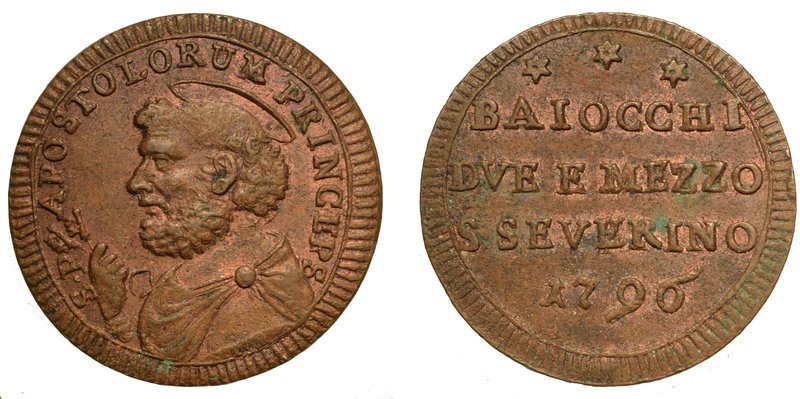 PIO VI (1775-1799). S. SEVERINO. Da 2 baiocchi e mezzo
o sampietrino 1796.
Bus...