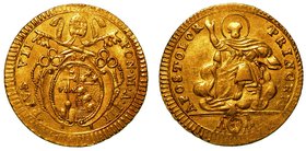 PIO VII (1800-1809).
Doppia A.III. Stemma sormontato da chiavi decussate e tiara. R/ S. Pietro benedicente sulle nubi. Gig. 3a.
 g. 5,51
Rara
 Sch...