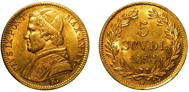 PIO IX (1846-1870) -
 Da 5 scudi 1854/IX. Busto a s. con mozzetta e stola. R/ V...