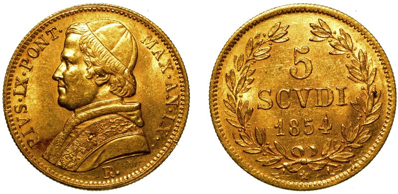 PIO IX (1846-1870) -
 Da 5 scudi 1854/IX. Busto a s. con mozzetta e stola. R/ V...