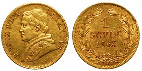 PIO IX (1846-1870) -
Scudo largo 1863 A. XVII.
Busto a s. con zucchetto, mozzetta e stola. R/ Valore. Gig. 51.
 g. 1,74
 oro
 BB