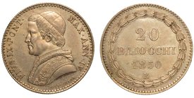PIO IX
(1846-1870) - Da 20 baiocchi 1850 A. IV. Busto a s. con zucchetto, mozzetta e stola. R/ Valore. Gig. 81g. 5,38
 arg
SPL/q.FDC