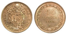 PIO IX
(1846-1870) - Da 10 baiocchi 1850 A. IV.
Stemma sormontato da chiavi decussate e tiara. R/ Valore in corona di alloro. Gig. 126.
g. 2,86
ar...