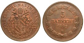 PIO IX
(1846-1870) - Da 5 baiocchi 1849
 A. IV.
Stemma sormontato da chiavi decussate e tiara. R/ Valore in corona di alloro. Gig. 166.
g. 39,44
...