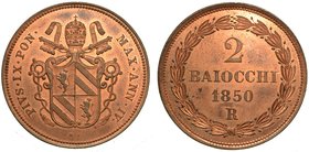 PIO IX
(1846-1870). Da 2 baiocchi 1850
 A. IV. Stemma sormontato da chiavi decussate e tiara. R/ Valore in corona di alloro. Gig. 195.
g. 19,75
ra...