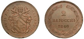 PIO IX
(1846-1870). Da 2 baiocchi 1849
 A. IV.
Stemma sormontato da chiavi decussate e tiara. R/ Valore in corona di alloro. Gig. 193.
 g. 19,13
...