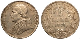 PIO IX (1846-1870) Monetazione decimale - Da 5 lire 1870
 A. XXIV.
Busto a s. con zucchetto, mozzetta e stola. R/ Valore.
 Gig. 282 g. 24,99
arg
...