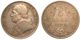 PIO IX (1846-1870) - Da 5 lire 1870
 A. XXV.
Busto a s. con zucchetto, mozzetta e stola. R/ Valore. Gig. 283
g. 25,02
arg
BB/q.SPL