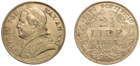 PIO IX (1846-1870) - Da 2,5 lire 1867
A. XXI.
Busto a s. con zucchetto, mozzetta e stola. R/ Valore. Gig. 284 g. 12,50
 arg
 BB
