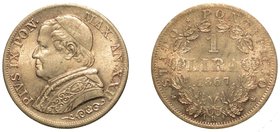 PIO IX (1846-1870) - Da 2 lire 1867
A. XXII. Busto a s. con zucchetto, mozzetta e stola. R/ Valore. Gig. 287 g. 9,97
 arg
 BB/MB
Lira 1866
A. XXI...